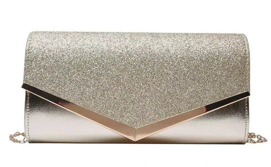 Mandotos Glitzy Striped Sequin Satchel showing shiny sequins and striped pattern on stylish handbag.
