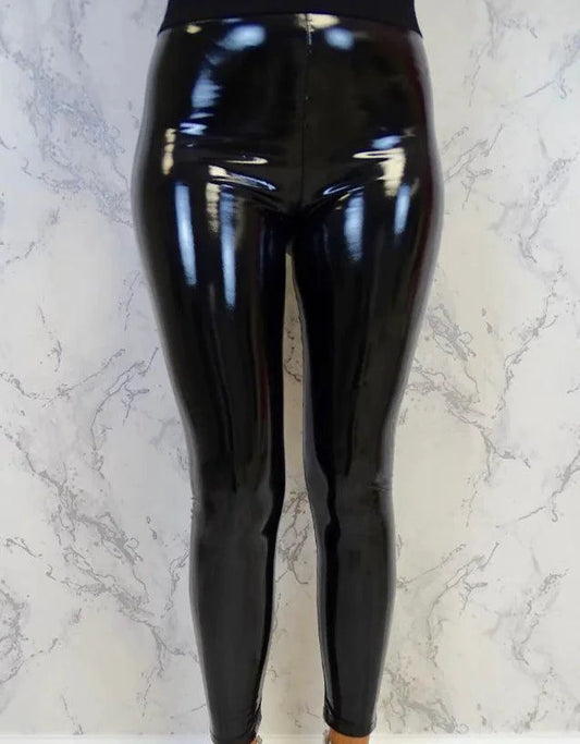 Glossy latex leather leggings by MANDOTOS featuring a shiny finish and fitted design, perfect for bold fashion statements.