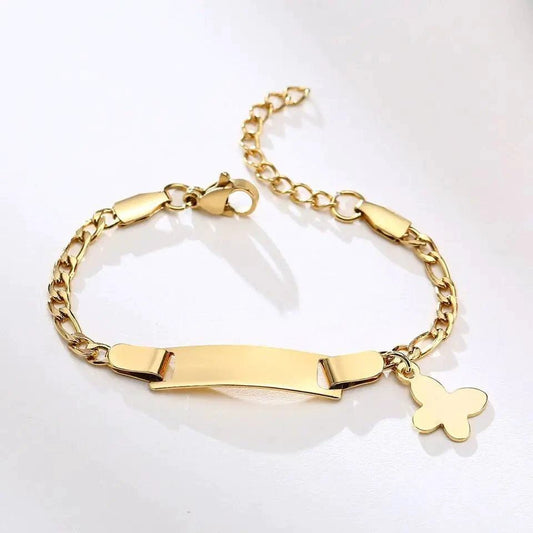 Gold butterfly charm bracelet for kids by MANDOTOS, featuring delicate butterfly charms and adjustable chain.