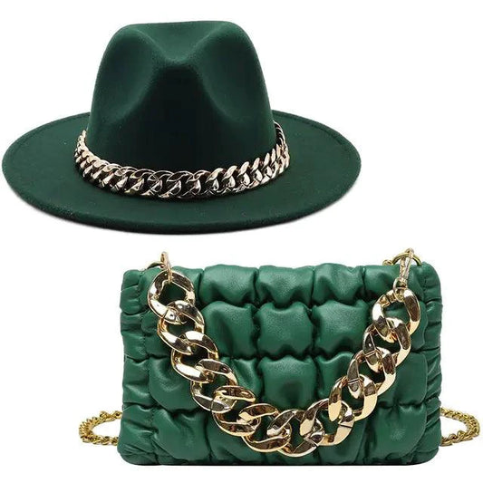 Luxury gold chain fedora hat by MANDOTOS featuring a stylish design and elegant gold chain detail.