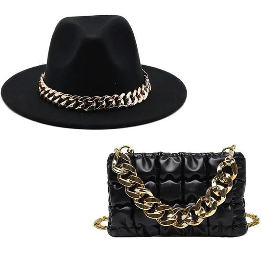 Luxury gold chain fedora hat by MANDOTOS featuring a stylish design and premium materials for a sophisticated look.
