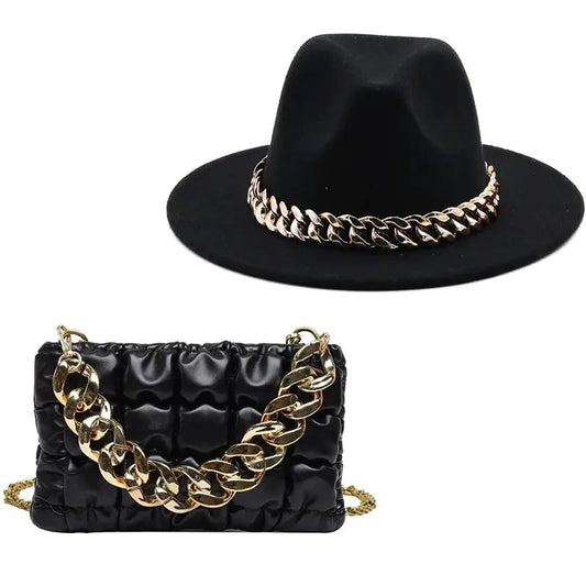 Mandotos luxury gold chain fedora hat with a stylish gold chain detail on the brim, elegant and fashionable headwear accessory.