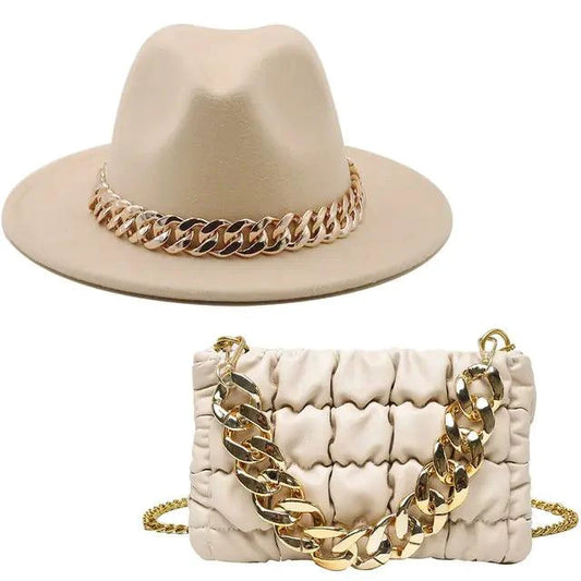 Luxury gold chain fedora hat by MANDOTOS featuring a stylish gold chain detail on the classic fedora design.