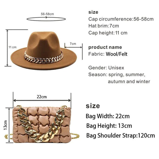 Mandotos luxury gold chain fedora hat featuring a stylish gold chain detail on a classic fedora design.