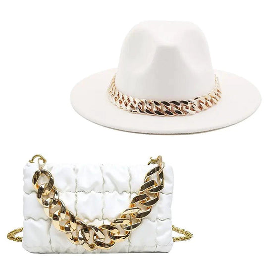 Mandotos luxury gold chain fedora hat with stylish design and wide brim, featuring a sophisticated and fashionable look.