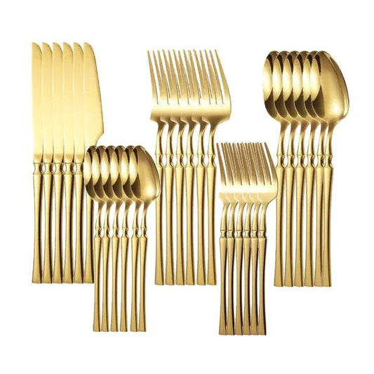 Mandotos Gold Glamour 30-piece dinner set with elegant gold accents, includes plates, bowls, and cups for stylish dining.