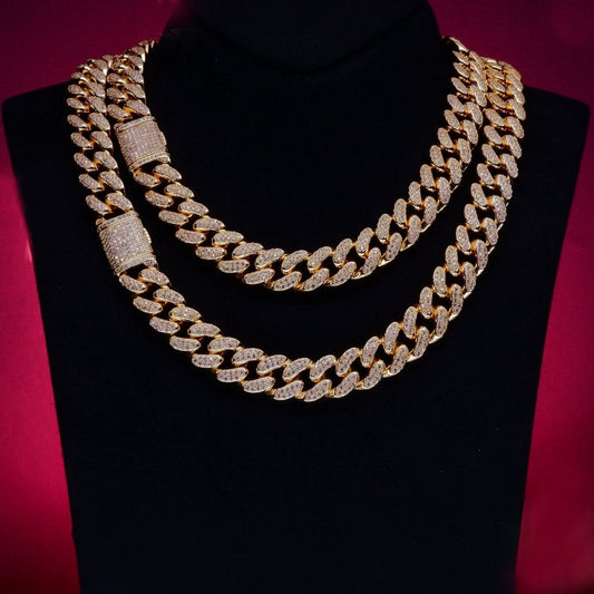 Mandotos Gold Shine Iced Cuban Chain with sparkling iced accents and a luxe style upgrade, showcasing bold jewelry craftsmanship.