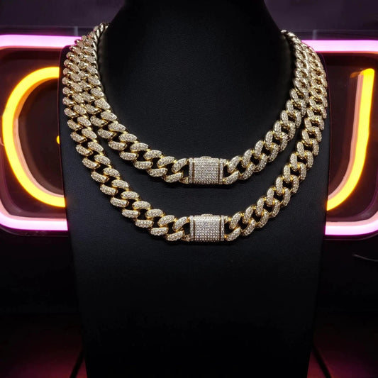 Gold Shine Iced Cuban Chain by MANDOTOS featuring sparkling iced design and luxe style upgrade, showcasing a bold, stylish jewelry piece.