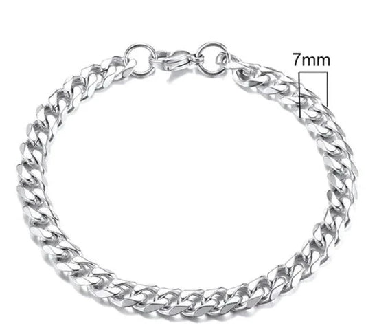 Gold-tone stainless steel Cuban bracelet, 3-11mm width, by MANDOTOS featuring a bold, polished chain design.