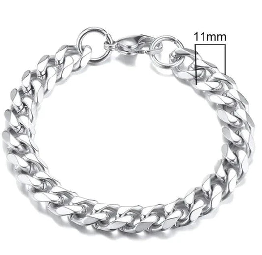Gold-tone stainless steel Cuban bracelet by MANDOTOS, featuring 3-11mm wide interlocking links.