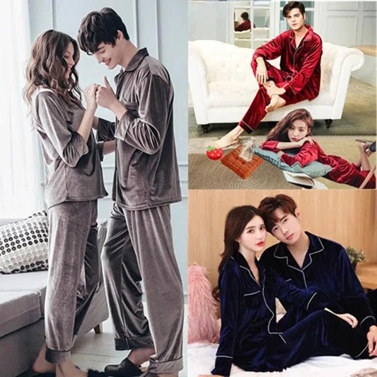 Gold velvet pajamas set from MANDOTOS featuring a soft, luxurious fabric and relaxed fit, perfect for comfortable sleepwear.