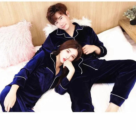 Gold velvet pajamas from MANDOTOS with a soft, plush fabric and relaxed fit, perfect for comfortable sleepwear.