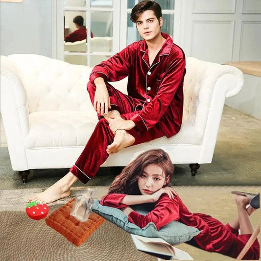 Gold velvet pajamas by MANDOTOS featuring a soft, luxurious fabric and a comfortable fit for cozy sleepwear.