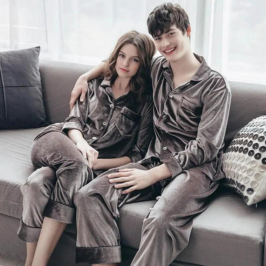 Mandotos gold velvet pajamas set featuring a luxurious, soft fabric with a relaxed fit for comfortable sleepwear.