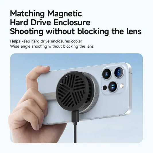 MANDOTOS Hagibis magnetic cell phone cooler and fan for iPhone 16 Pro and Black Shark gaming phones, ideal for cooling and live streaming.