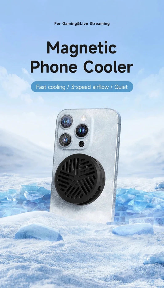 MANDOTOS Hagibis magnetic cell phone cooler and cooling fan for iPhone 16 Pro and Black Shark gaming phones, ideal for live streaming.