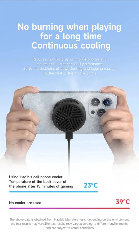MANDOTOS Hagibis magnetic cell phone cooler and radiator for iPhone 16 Pro and Black Shark gaming phones, with universal cooling fan.
