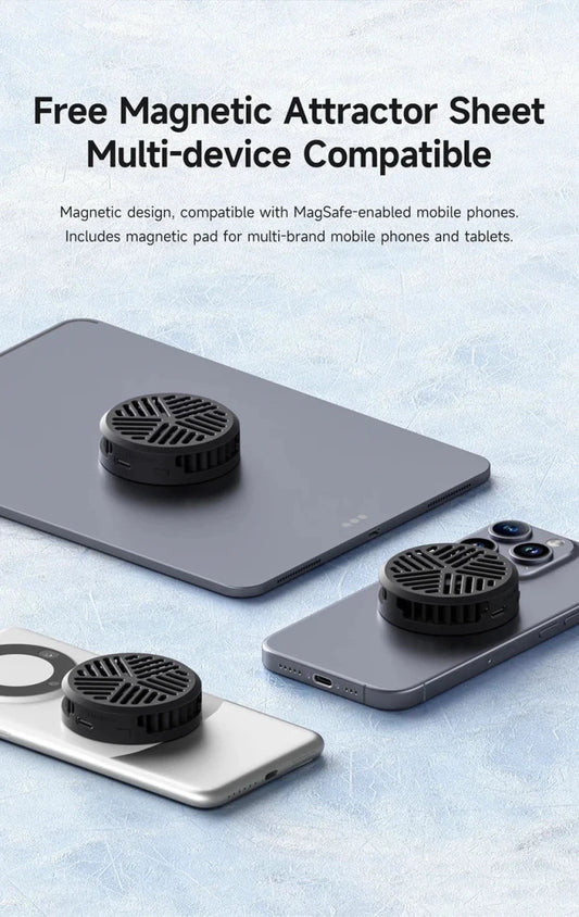 Mandotos Hagibis magnetic cell phone cooler and fan for iPhone 16 Pro and Black Shark gaming phones, ideal for live streaming.