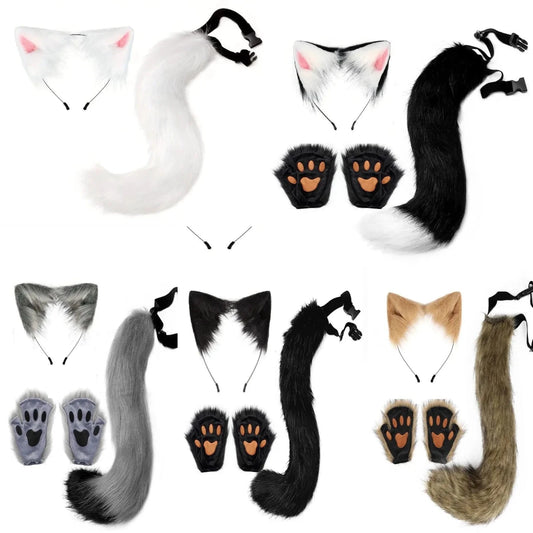 Mandotos Halloween fox tail and ears cosplay set with paw gloves, featuring realistic fox-themed costume accessories.
