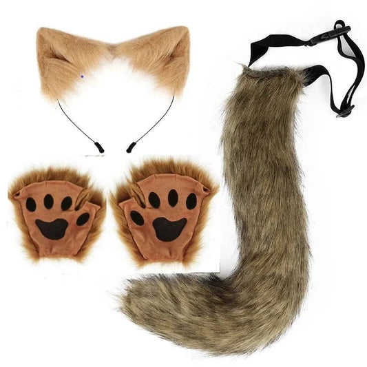 Mandotos Halloween fox tail and ears cosplay set with paw gloves, featuring plush fox accessories for costume dressing.