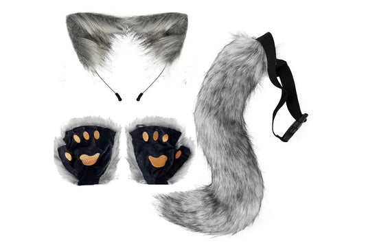 Mandotos Halloween fox tail and ears cosplay set with paw gloves, featuring realistic fox costume accessories for Halloween or dress-up.