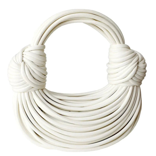 Mandotos women's gold luxury designer handbag with handwoven noodle design, rope knot details, and silver evening clutch style.