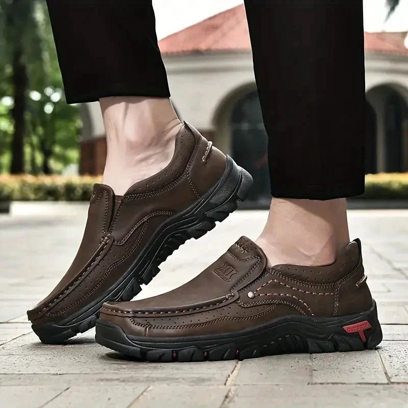 Mandotos handmade leather men's casual slip-on loafers with a sleek design, non-slip soles, suitable for outdoor walking.