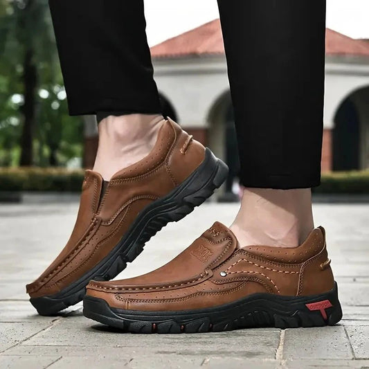 Mandotos handmade leather men's casual slip-on loafers with non-slip soles, outdoor flats, moccasins, walking shoes.