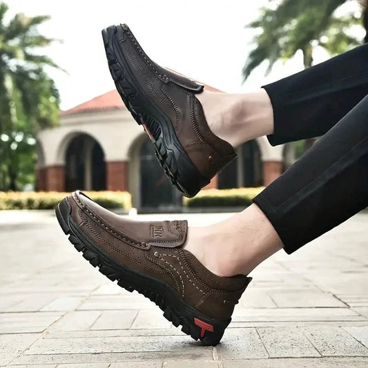 Mandotos handmade leather men's casual slip-on loafers with non-slip soles, outdoor flats, moccasins, walking shoes in natural leather finish.