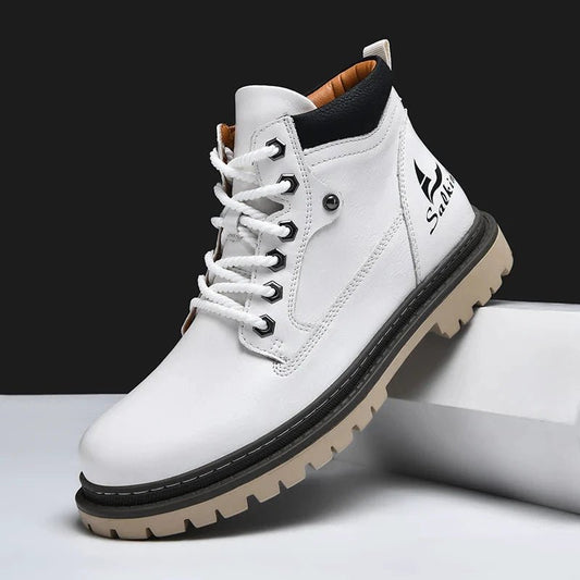 Mandotos handmade men's ankle winter leather boots with high-top design, outdoor hiking style, anti-slip soles, suitable for autumn.