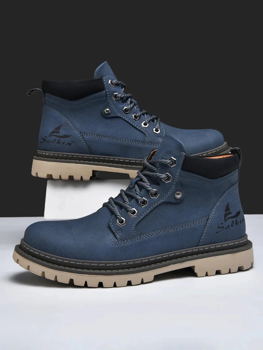 Mandotos handmade men's ankle winter leather boots with high-top design, outdoor hiking style, anti-slip soles, suitable for autumn.