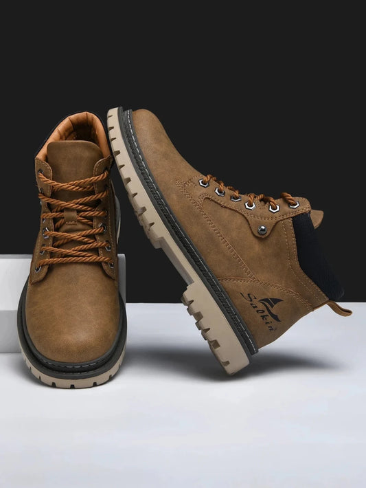 Mandotos handmade men's ankle winter leather boots with high top design, outdoor hiking style, anti-slip soles, suitable for autumn.