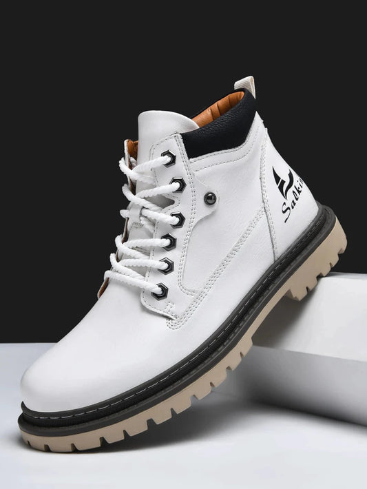 Mandotos handmade men's ankle winter leather boots with high-top design, outdoor hiking style, anti-slip sole, suitable for autumn.
