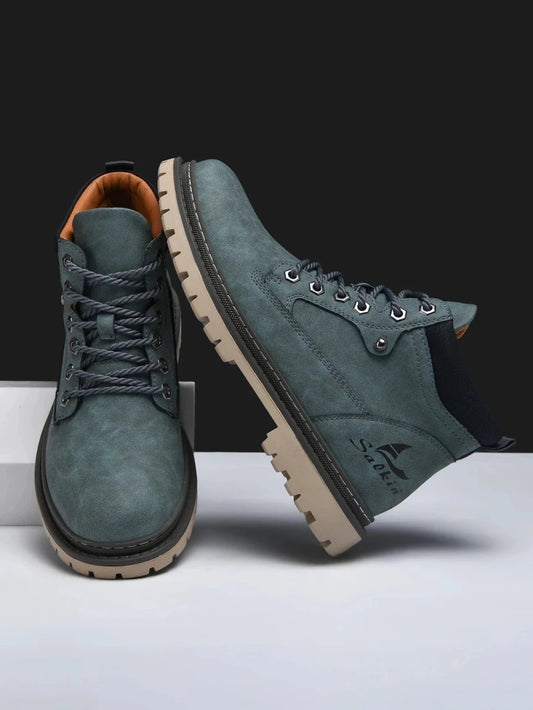 Mandotos handmade men's ankle winter leather boots with high top design, outdoor hiking style, anti-slip sole, suitable for autumn.