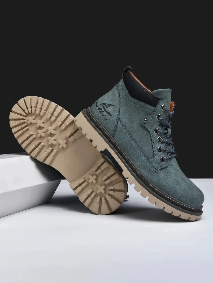 Mandotos handmade men's ankle winter leather boots with high top design, outdoor hiking style, anti-slip soles, suitable for autumn.