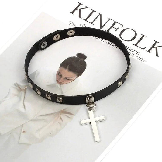 Mandotos Harajuku Punk Cross Choker featuring a black leather band with a metal cross pendant, stylish and edgy jewelry accessory.