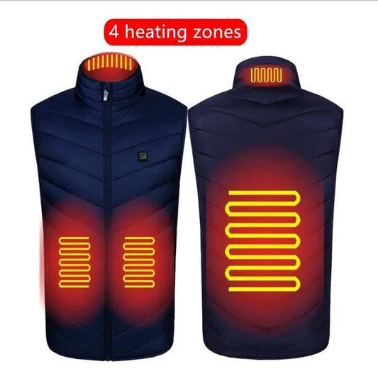 Mandotos heated washable USB charging electric winter vest worn outdoors, showing the vest's design and heating elements.