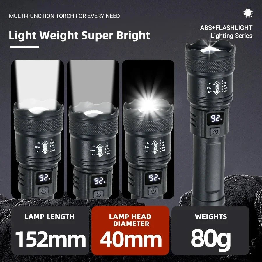 Mandotos high-power LED flashlight with 2000LM, tactical design, display light, USB charging, suitable for camping, fishing, and emergencies.