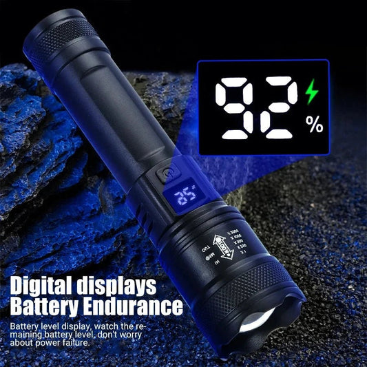 Mandotos high-power LED flashlight with 2000LM, tactical design, display light, USB charging, suitable for camping, fishing, and emergencies.