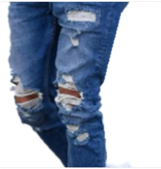 Mandotos men's jeans with stylish holes, slim fit design, denim fabric, and contemporary distressed look.