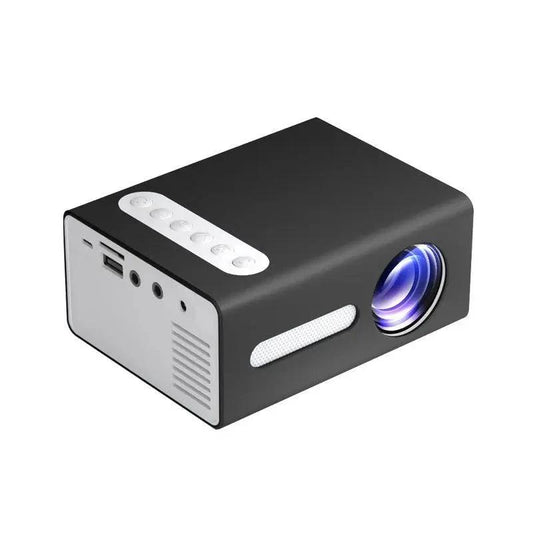 MANDOTOS Home Office T300 Mini Projector displaying HD 1080P image on a wall, compact design for portable projection.