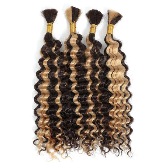 Human Hair 20-inch Deep Wave Highlight P4/27 braiding bundle by MANDOTOS, showcasing textured, highlighted curls for stylish looks.