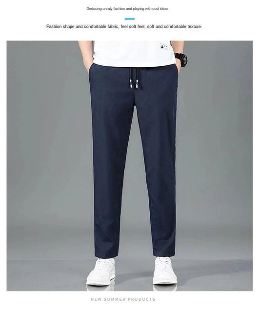 Mandotos Ice Silk men's summer casual pants in black and gray with elastic waistband, breathable straight-leg design, outdoor style.