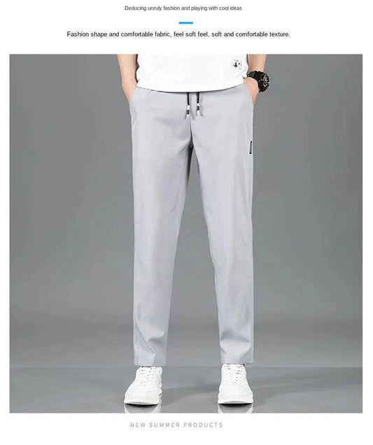 Mandotos Ice Silk men's summer black and gray casual pants with elastic waistband, breathable straight-leg design, suitable for outdoor wear.