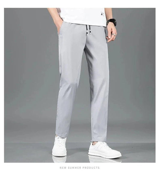 Mandotos Ice Silk men's summer pants in black and gray, lightweight, breathable, straight-leg casual or outdoor sweatpants.