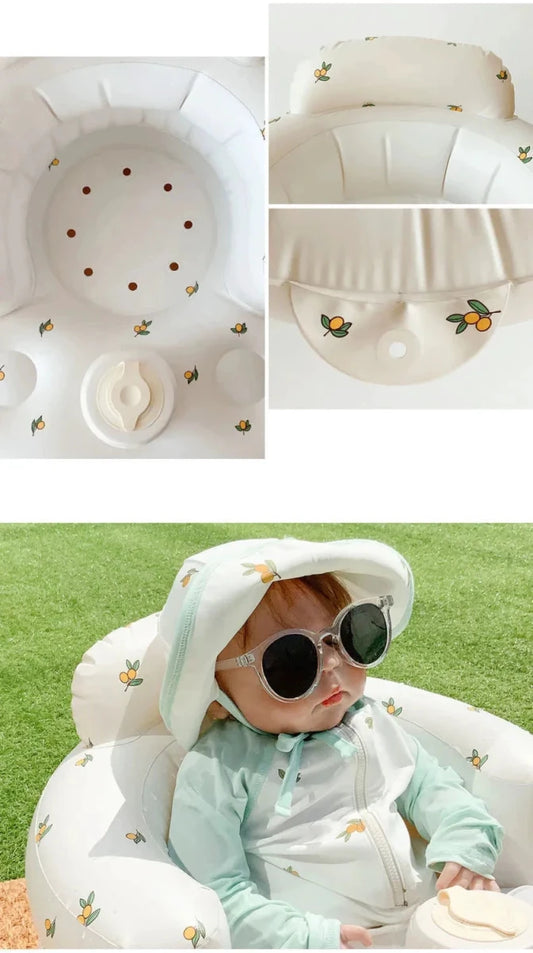 Inflatable baby chair by MANDOTOS designed for dining and bath, with soft, colorful, and supportive seating for infants.