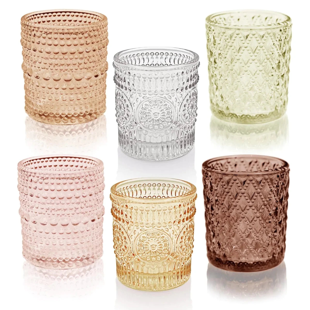 Set of 12 multicolor glass tealight holders by MANDOTOS INTERNATIONAL, ideal for special occasions and decorative lighting.
