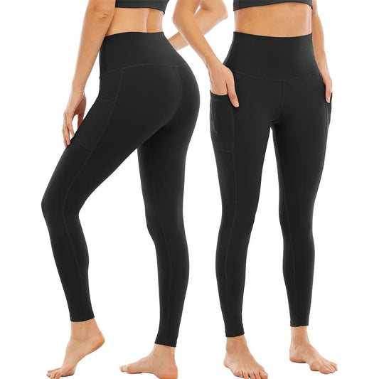 Plus size black yoga pants for women by Mandotos International, high waist, elastic gym leggings with pockets, suitable for running and fitness.
