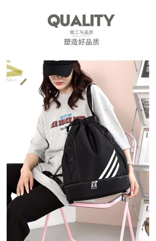 Mandotos International 2024 drawstring backpack with front pocket, large capacity for outdoor, travel, gym, and basketball use.