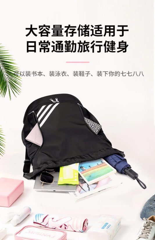 Mandotos International 2024 drawstring backpack with pockets, large capacity outdoor training gym bag for travel and sports activities.